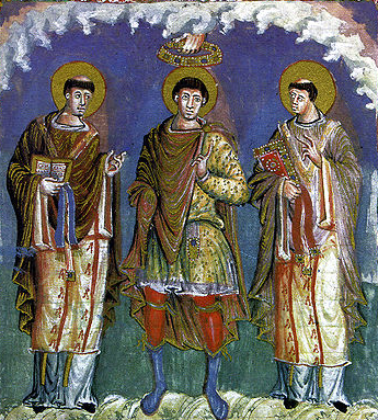 Charlemagne (posthumous) with Popes Gelasius and Gregory I,  ca. 870, Bibliotheque nationale de France  Paris  MS Latin 1141  Fol. 2v 